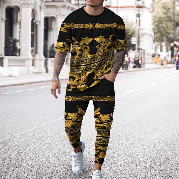 

men's tracksuits retro oversized cloth urban man summer men tracksuit vintage 3d printed short sleeve t shirt long pants 2 piece sets o, Gray