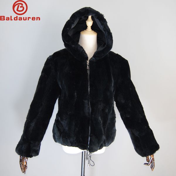 

women's fur faux women winter warm russian lady 100% natural rex rabbit hooded coats real jackets genuine overcoat 221123, Black