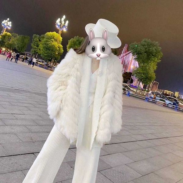 

women's wool blends fox like fur grass coat for young women medium length tiktok net red same knitting raccoon fur coat splicing, Black