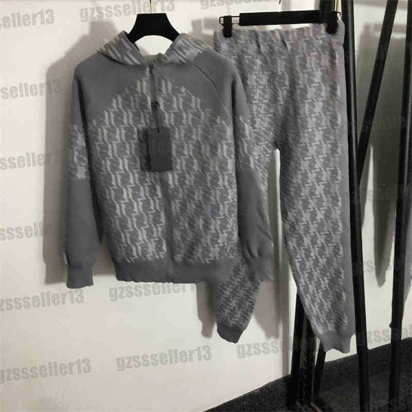 

designer tracksuit f knitted two piece sets women letter long sleeve zip cardigan jacket casual pants sport suit autumn and winter warm woma, Gray