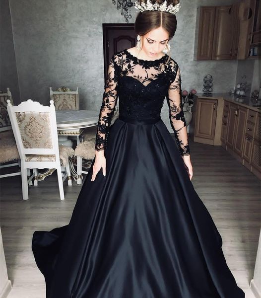 

black evening dress long sleeve a-line o-neck satin sweep train lace appliques button women elegant party prom gowns, Black;red