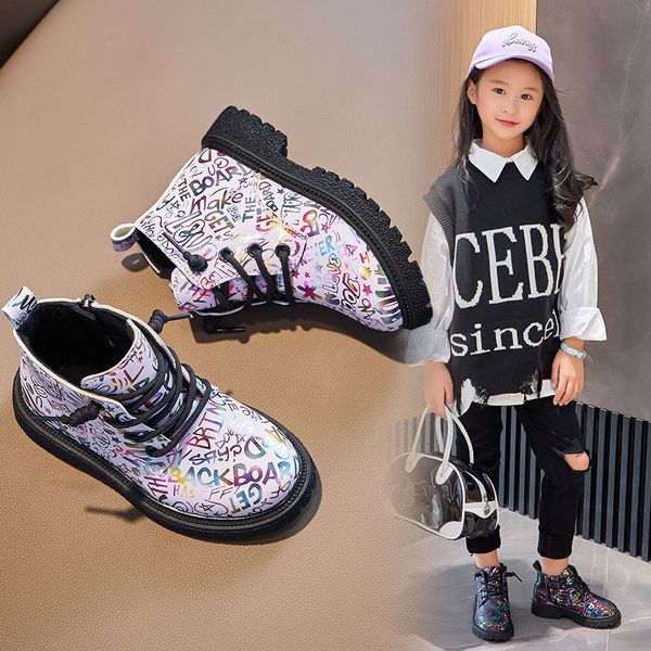 

boots kids fashion with word prints cool for boys children korean pu versatile princess ankle girls 221123, Black;grey