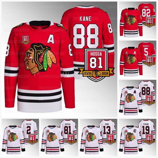 

chicago 81 hossa patch retirement blackhawks jersey patrick kane connor murphy seth jones jonathan toews jake mccabe philipp kurashev caleb, Black;red
