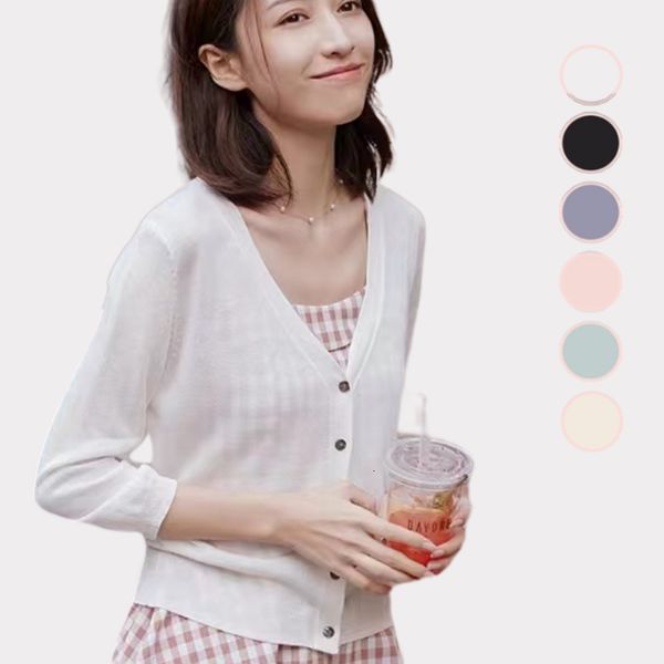 

women's knits tees cardigan summer three-quarter sleeves korean style v-neck knit sweater uv-cut ice silk thin small to oversize 221123, White