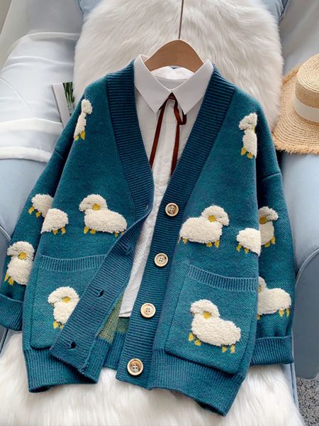 

women's knits tees women sweater cardigans knitcoat v neck sheep sweaters warm knitwear korean fashion sueter mujer long jacket 221123, White
