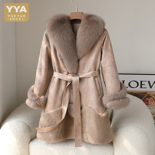 

womens fur faux real overcoat belted women elegant rabbit jacket winter warm suede leather collar coat thick softshell party trench 221122, Black