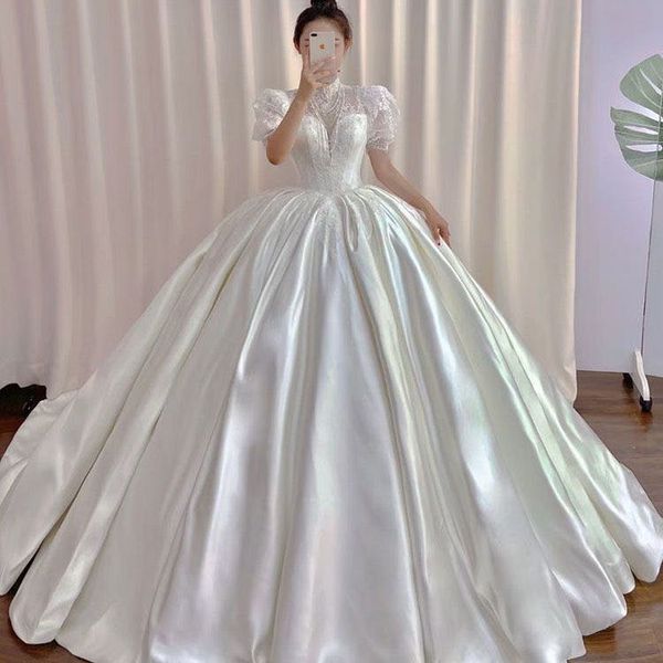 

arabic luxury ball gown wedding dress blingbling bead lace appliques princess bridal gown plus size vestido de noiva custom made 2023, White