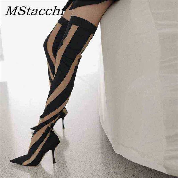 

fashion elastic fabric women's thigh high boots pointed toe heels stiletto shoes over-the-knee socks 220729, Black