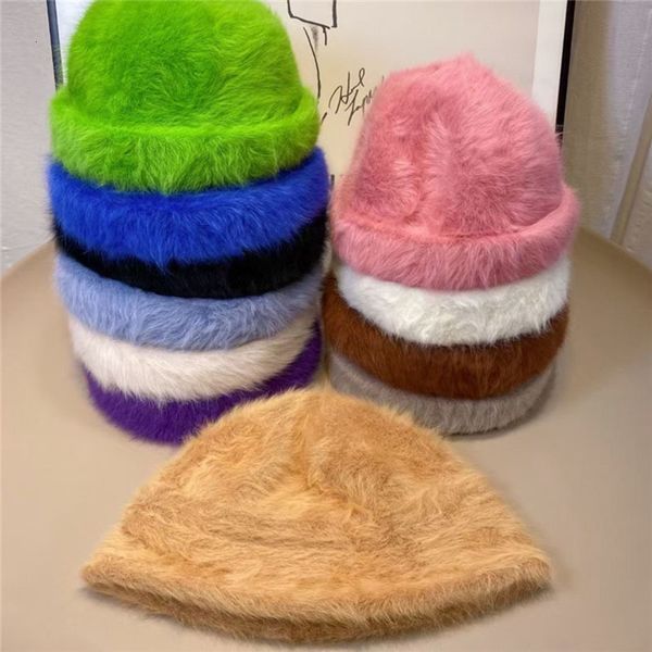 

wide brim hats bucket real rabbit fur knitted for women skullcap men beanie winter retro brimless melon cap cuff docker fisherman beanies 22, Blue;gray