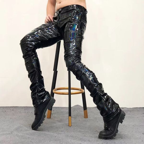 

s colorful magic color mirror erkek olon fashion pleated nightclub streetwear shinny leather 221123, Black
