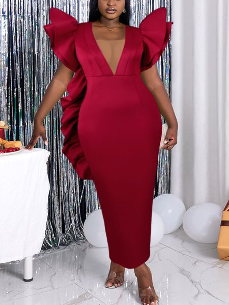 

party dresses vintage women red deep v neck flying sleeve ruffle maxi robes christmas event vestidos 221123, White;black