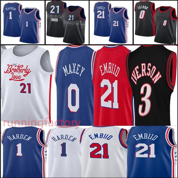 

joel embiid basketball jerseys james 1 harden allen iverson 3 21 tyrese maxey 0 jersey stitched, Black;red