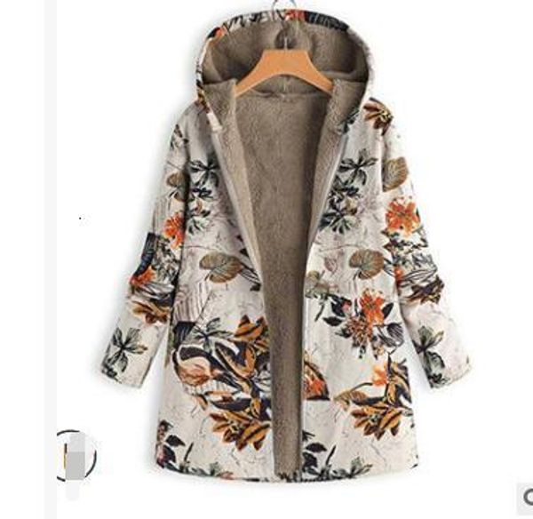 

women' blends 1pcs lot women winter warm floral hooded jacket flower print hoody vintage fleece print coat 221123, Black