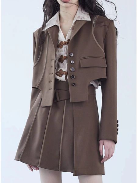 

two piece dress spirng autumn two piece set women irregular off shoulder turn down collar crop blazers pleated mini skirt french vintage set, White