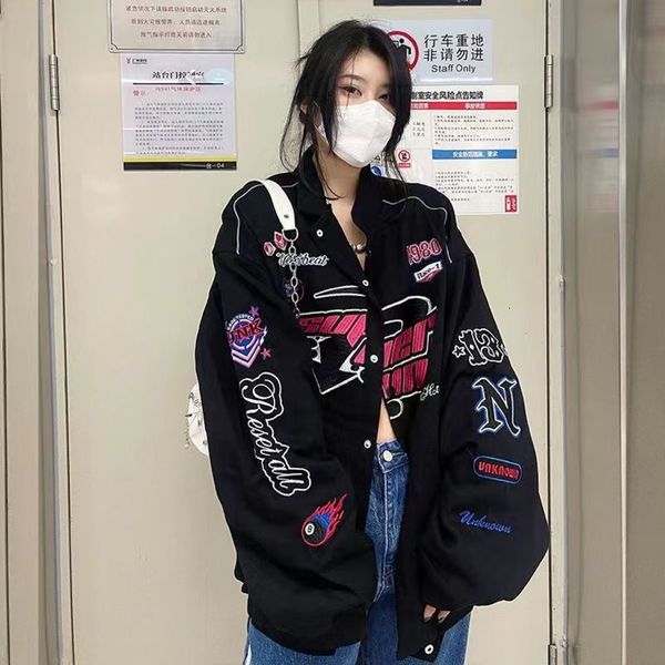 

womens jackets y2k retro american racing suit womens baseball uniform spring and autumn loose printing allmatch motorcycle jacket 221122, Black;brown