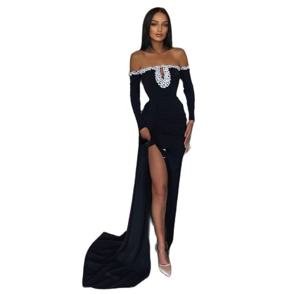 

elegant black mermaid evening dresses off shoulder side slit beaded elastic satin prom arabia beach party gowns 2023, Black;red