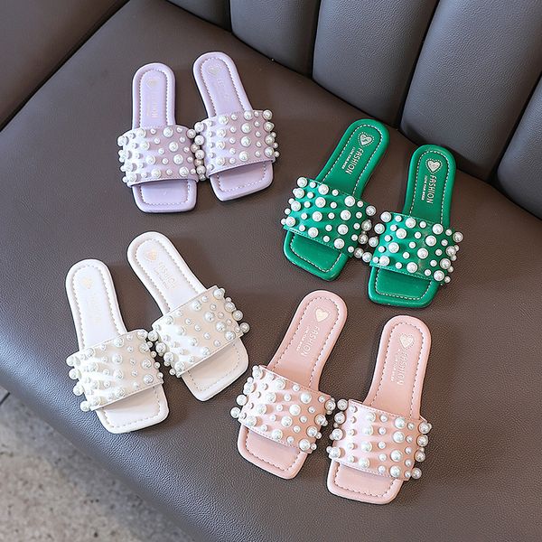 

slipper summer slippers for girls square toe pearl morden four colors children sliders rubber sole 26-36 fashion vacation kids flats 221123, Black;grey