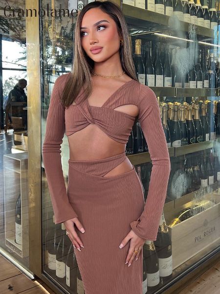 

two piece dress two piece set outfits women long sleeve crop bodycon maxi skirts suits party club vacation evening long dresses sets 221123, White