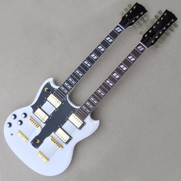 

factory custom double neck white electric guitar with 6 and 12 strings left handed rosewood fretboard gold hardwares offer customized