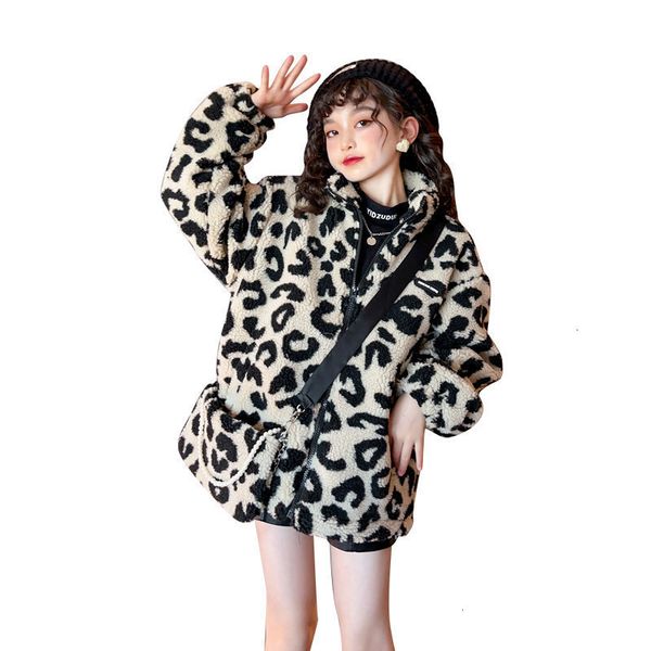 

coat teen girls leopard print jackets 5 14years kids winter warm wool blends with bag fashion korean outerwear children overcoat 221122, Blue;gray