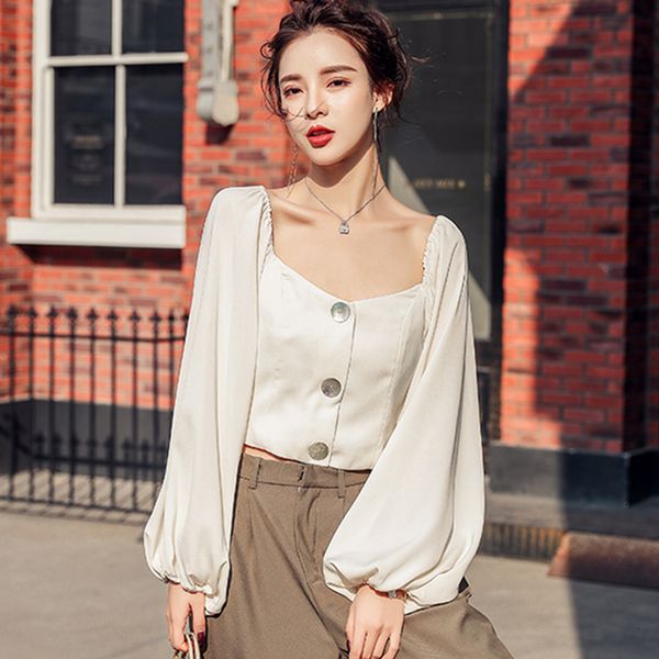 

women's jumpsuits rompers fashion elegant women's shirt autumn french romantic crop cute long sleeve office lady high street blous, Black;white