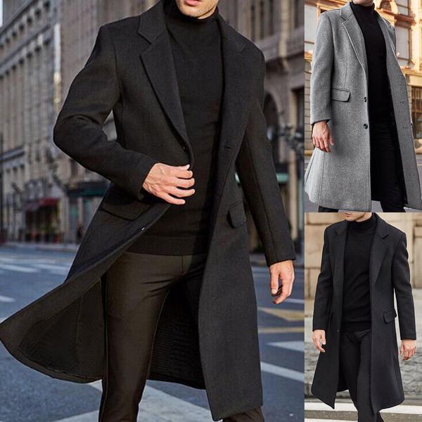 

men's wool blends s-3xl winter coats woolen solid long sleeve jackets fleece overcoats streetwear fashion trench outerwear 221123, Black