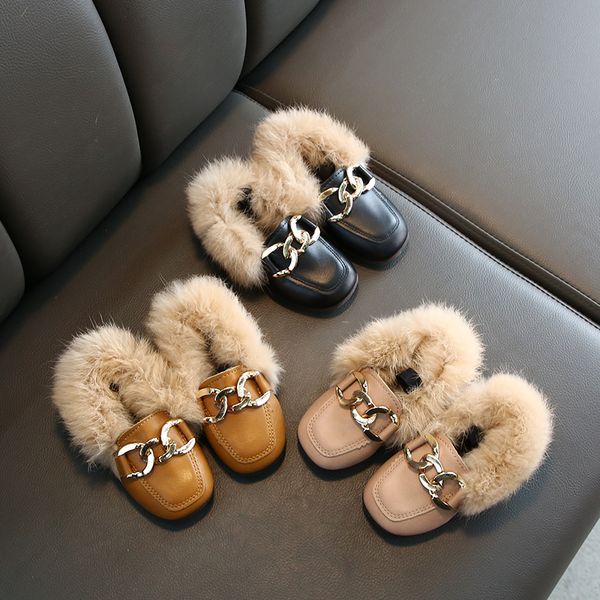 

slipper girl' winter slippers furry metal decor stylish kids sliders flats outdoor slip-on warm 21-36 toddler non-slip children shoes, Black;grey
