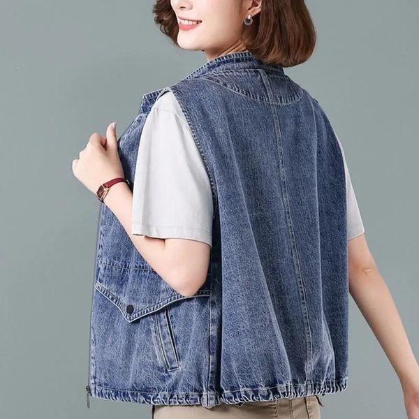 

women's vests denim zipper vest jacket spring autumn all match loose sleeveless coat korean short jeans outwear waistcoat casual 22112, Black;white