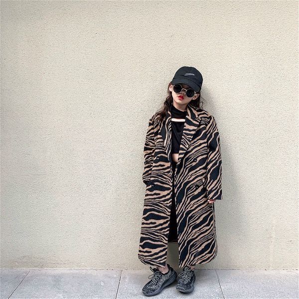 

coat girls zebra pattern long section kids casual warm lattice woolen winter jacket for children loose outwear 221122, Blue;gray