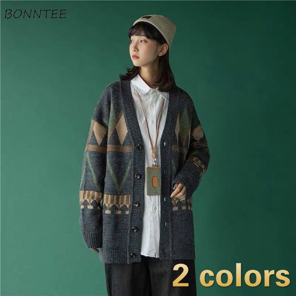 

women's knits tees sweater women loose jacquard artistic knitting teens classic mujer fashion all-match tender retro couple cardigans v, White