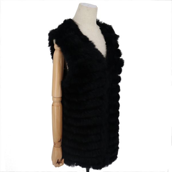 

women's fur faux real rabbit vest sleeveless gilet knitted coat coats 221123, Black