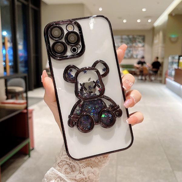 

Glitter Transparent Bg Sequins Quicksand Cute Bear Cases For iPhone 16 15 14 13 12 11 Pro Max XS XR X iPhone14 Clear Mobile Phone Silicone Covers, Black