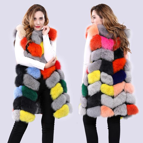 

womens fur faux women natural fluffy real vest winter lady warm colorful waistcoat coat female fashion casual long style gilets 221122, Black