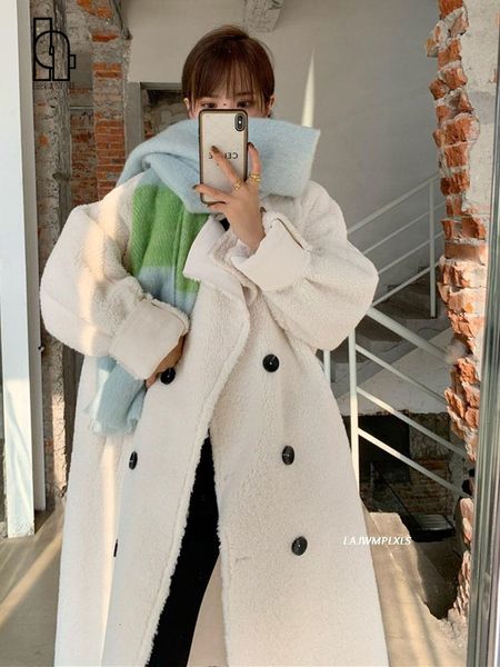 

women's fur faux luck a winter women wool coats lady elegant double breasted warm shearling female korean lamb outwears 221123, Black