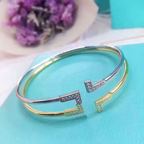 

charm bracelets double t letter open bracelet wholesale gold silver rose gold diamond designer jewellery luxury bangles for mens womens bijo, Golden;silver