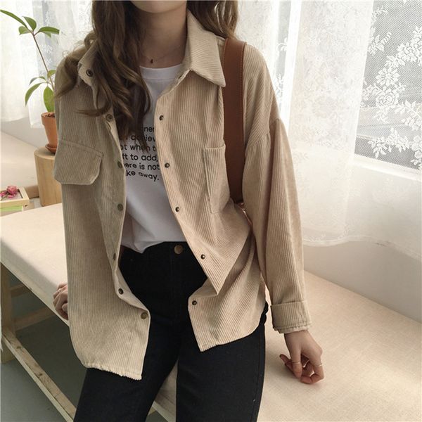 

women's jumpsuits rompers women autumn loose shirts korean solid blouse long sleeve pockets corduroy blouses women outwear femme coats, Black;white