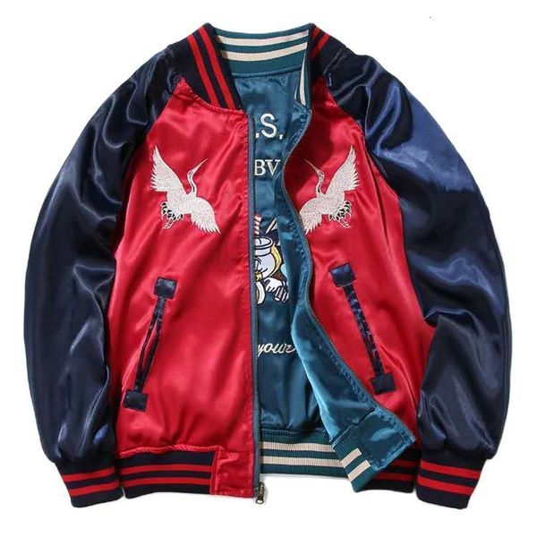 

men's leather faux sukajan satin bomber baseball jacket men yokosuka embroidery double sided coat varsity male brand streetwear spring, Black