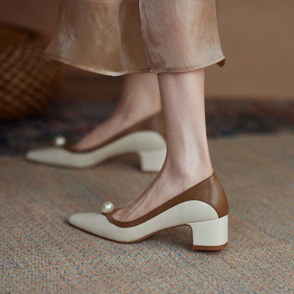

dress shoes 2022 spring new french color matching pearl thick heel shoes, Black