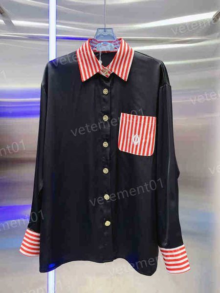 

womens blouses shirts red striped patchwork chest logo embroidered metal bu women clothing, White
