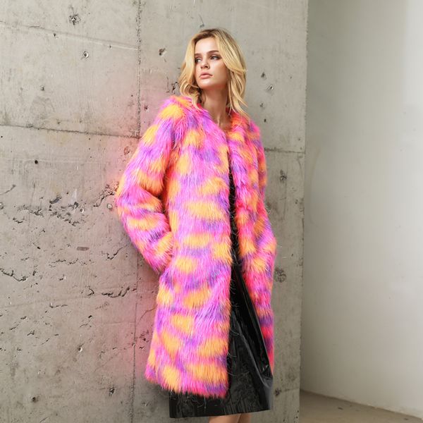 

women's fur faux women jacket multicolor sparkling long sleeve fourrure femme fluffy hairy warm fake coat winter slim outerwear 221123, Black