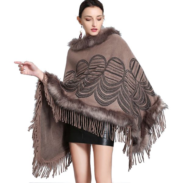 

women's wool blends women winter coats batwing fluffy sleeve capes elegant jacket lady woolen overcoat fur collar warm ponchos 221123, Black