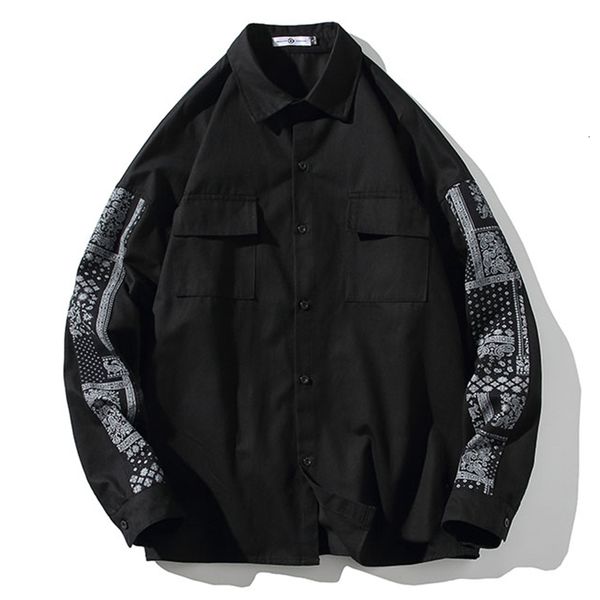 

men's casual shirts autumn cargo cotton men cashew printed loose blouse fashion harajuku street button coat male clothing plus size 5x, White;black