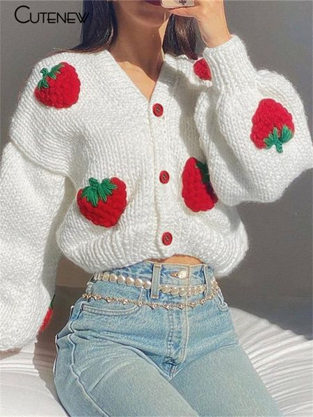 

women's knits tees cute strawberry kintted long sleeve loose single breasted coat women autumn fashion thicken warm cardigan sweater st, White