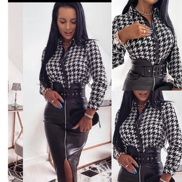 

women's jumpsuits rompers fashion print pu leather blouse spring long sleeve buttons office ladies o neck slim shirt turn down collar, Black;white