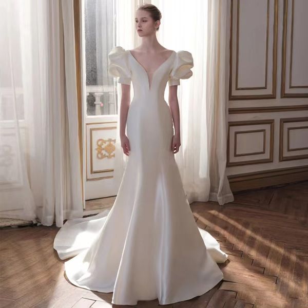 

graceful mermaid wedding dresses stain see through neck bridal gowns with sweep train arabic dubai elegant satin vestido de novia, White