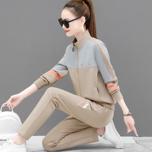 

women's two piece pants fashion standup collar sweater korean slimming running clothes set womens blue kahki gray black 221123, White