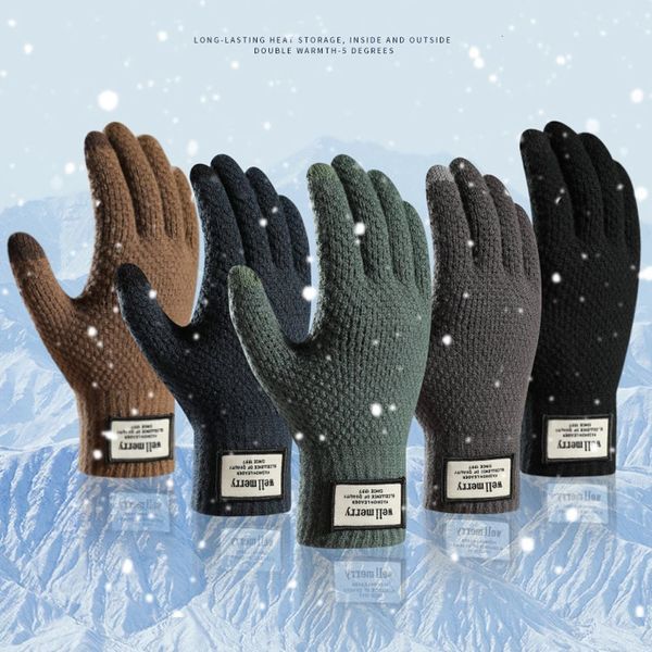 

five fingers gloves winter autumn warm thicken male mitten men wool cashmere touch screen 221119, Blue;gray