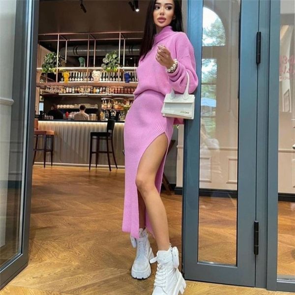 

two piece dress knitted sweater set women spring autumn clothes turtleneck pullover side split mini skirt sets fashion streetwear outfit 221, White