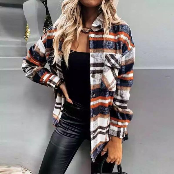 

women's blouses shirts women shirt long sleeve pocket loose grid button blouse ladies autumn winter cotton lapel casual shirt midlength, White