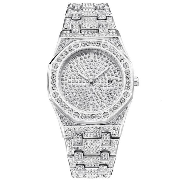 

bling diamond watch for men iced out luxury mens quartz watches man dress wristwatch silver stainless steel relogio masculino sh19349q, Slivery;brown